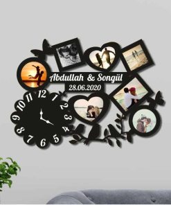 Kelebek Saatli Ahşap Fotoğraf Çerçevesi